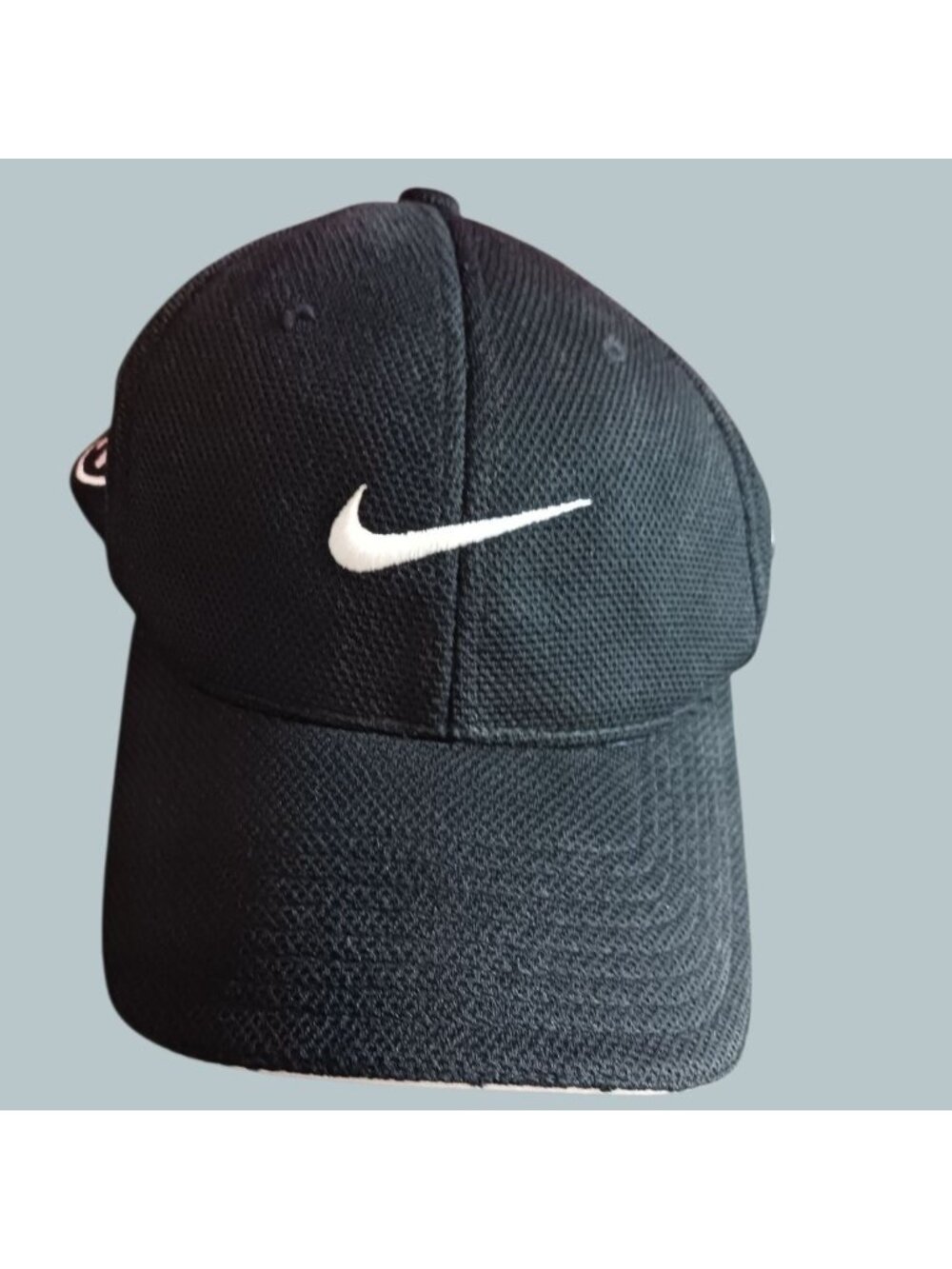 Nike Black Flexfit Golf Hat With White Swoosh Logo & Embroidered Details